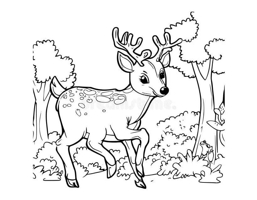 Deer walking in the forest coloring page for kids stock vector