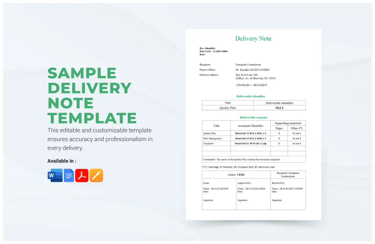 Delivery note template in excel, google sheets download template