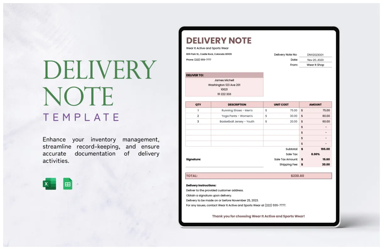 Sample vehicle delivery note template in google docs, pdf, pages, word