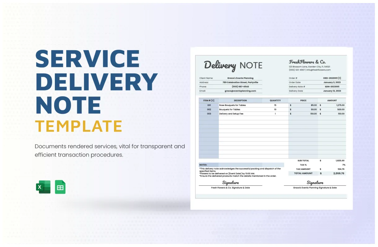 Delivery note template in excel, google sheets download template