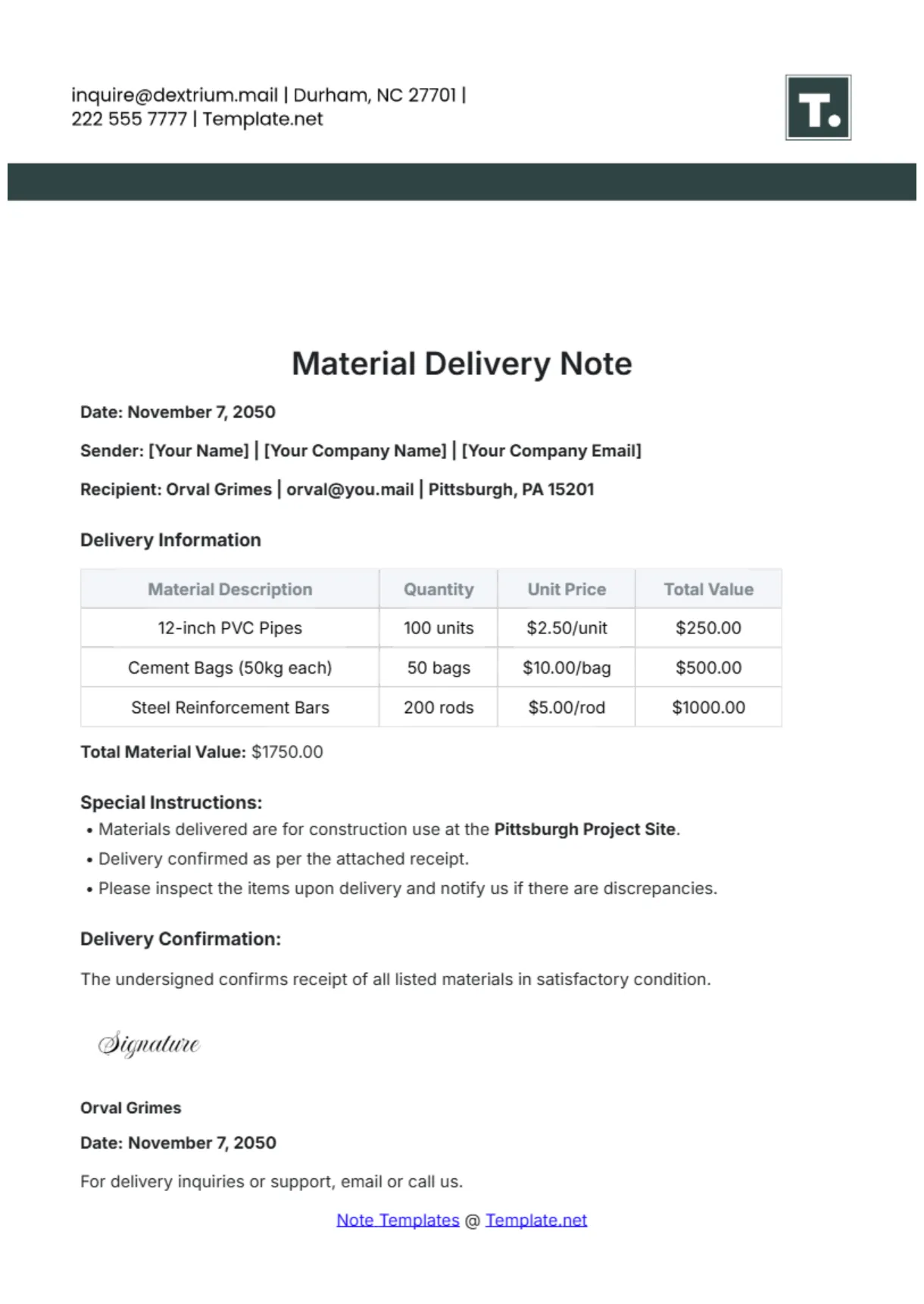 Free vehicle delivery note template to edit online
