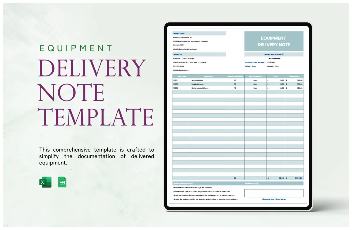 Delivery note template in excel, google sheets download template