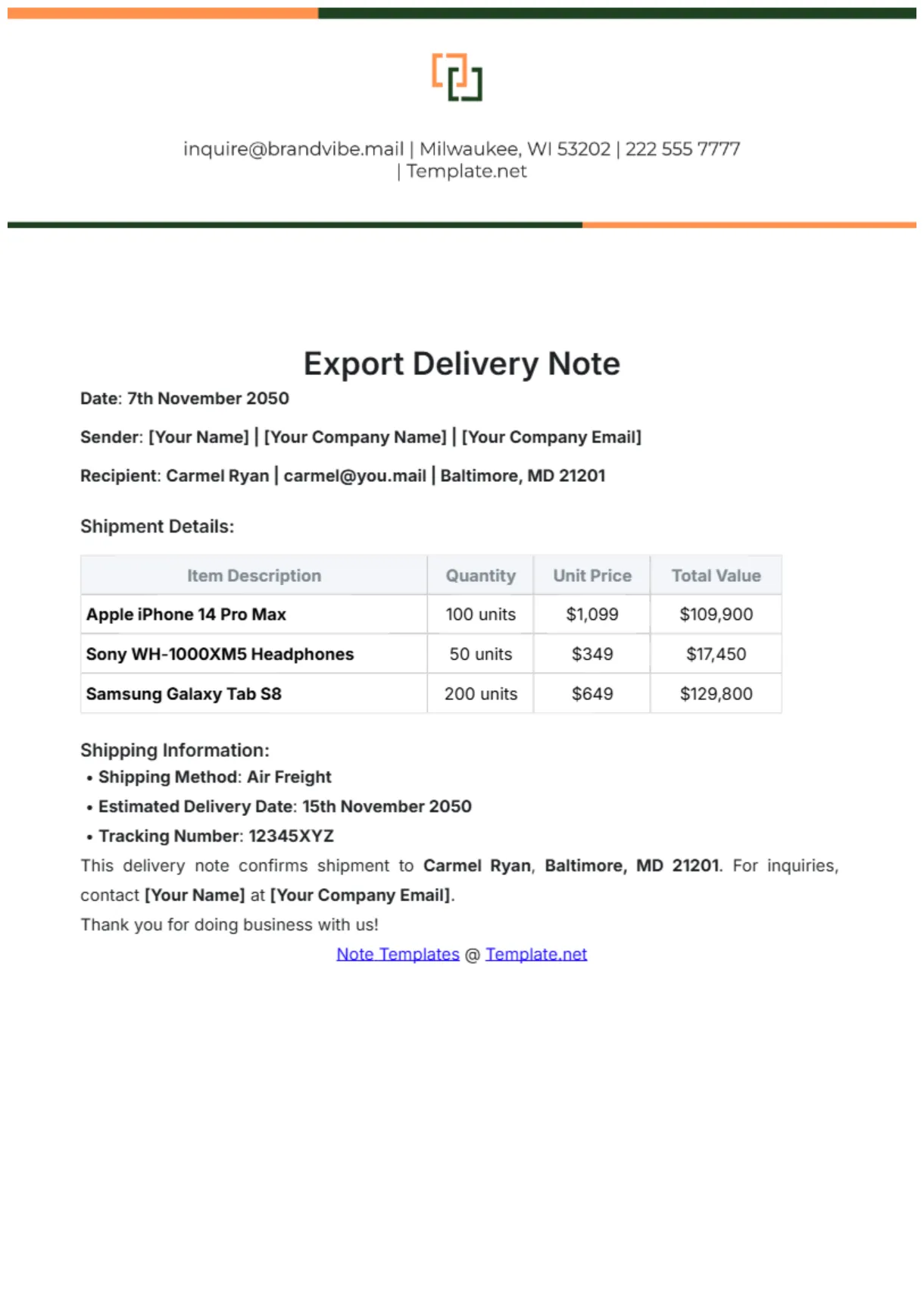 Free vehicle delivery note template to edit online