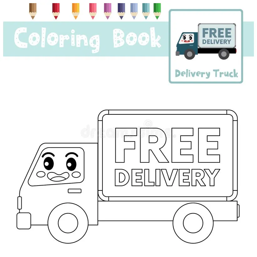 Coloring page delivery truck cartoon character side view vector