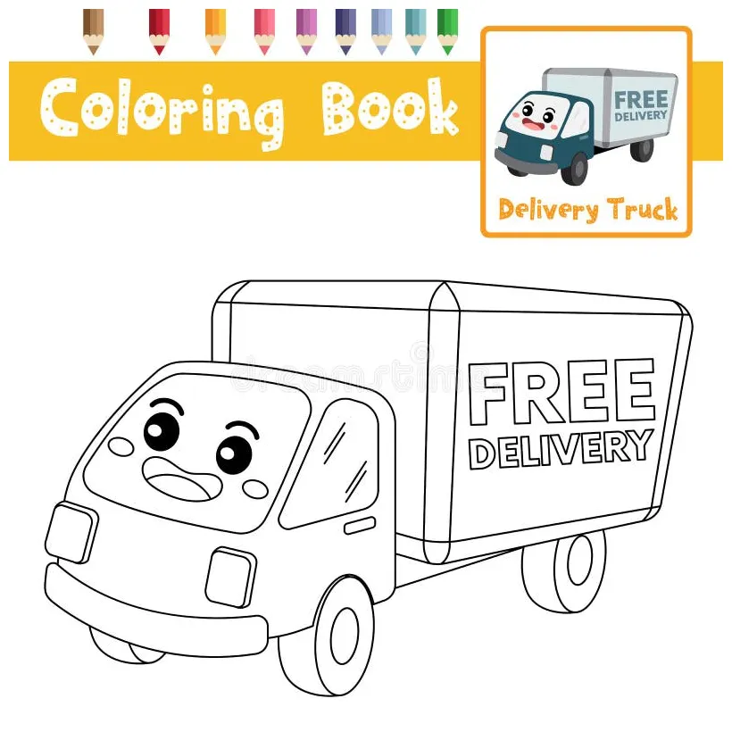 Coloring page delivery truck cartoon character perspective view vector printable coloring page