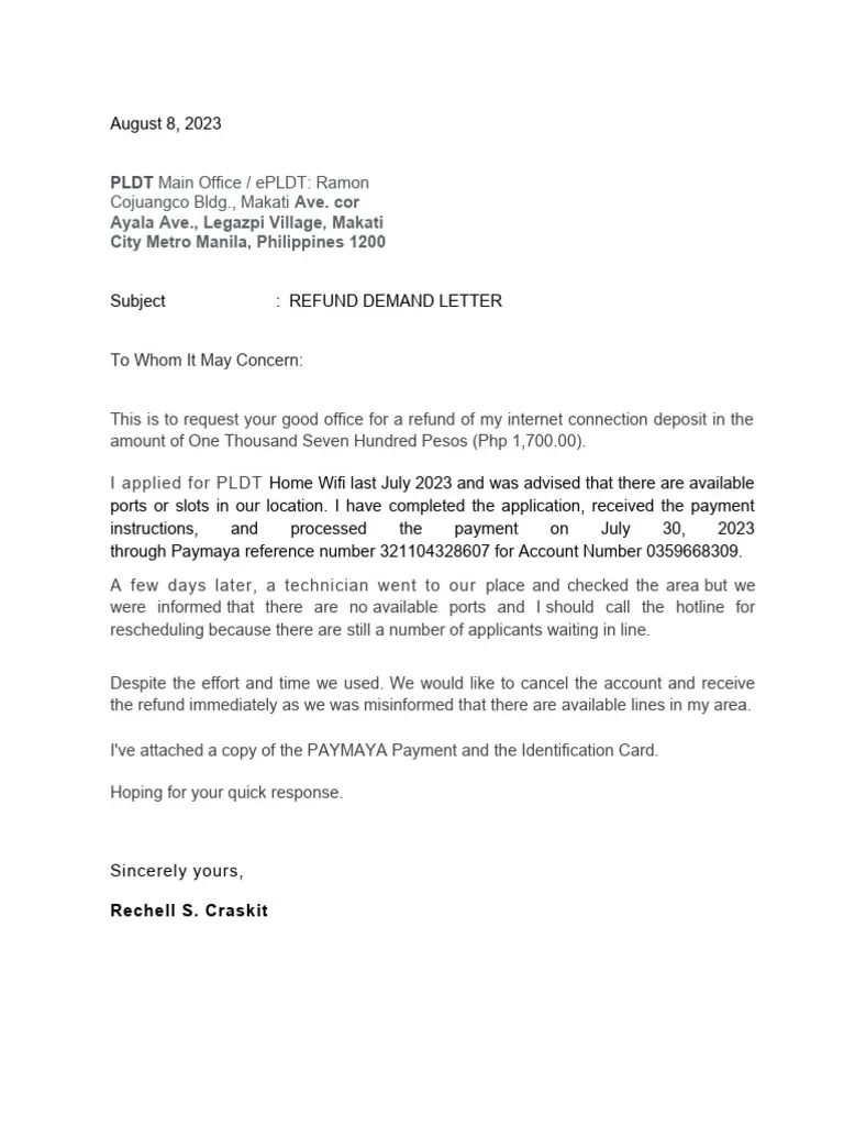 Refund demand letter pdf