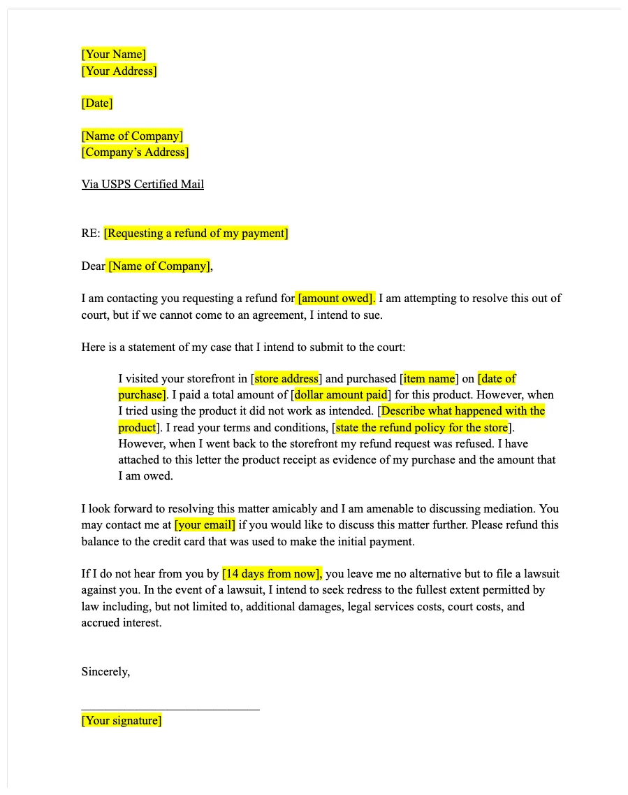 Refund request letter free template