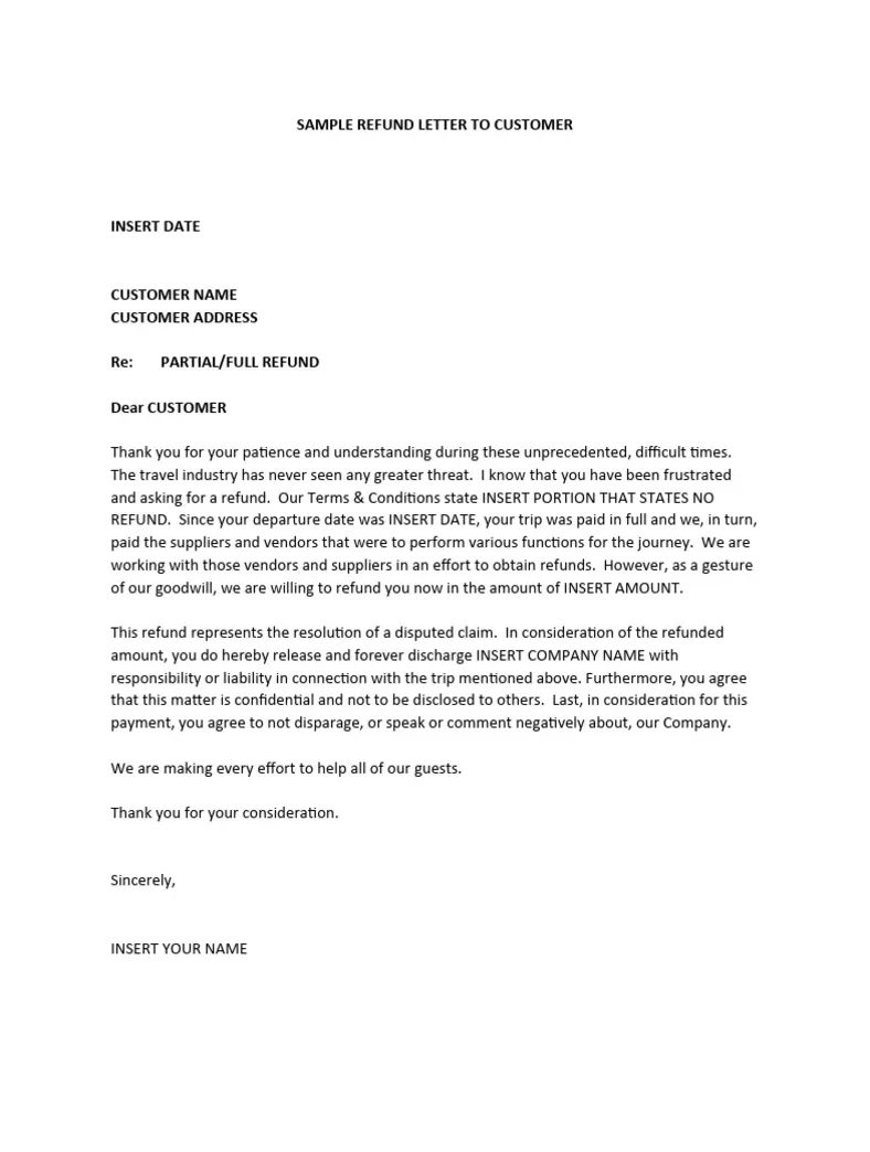 Sample refund letter to customer pdf