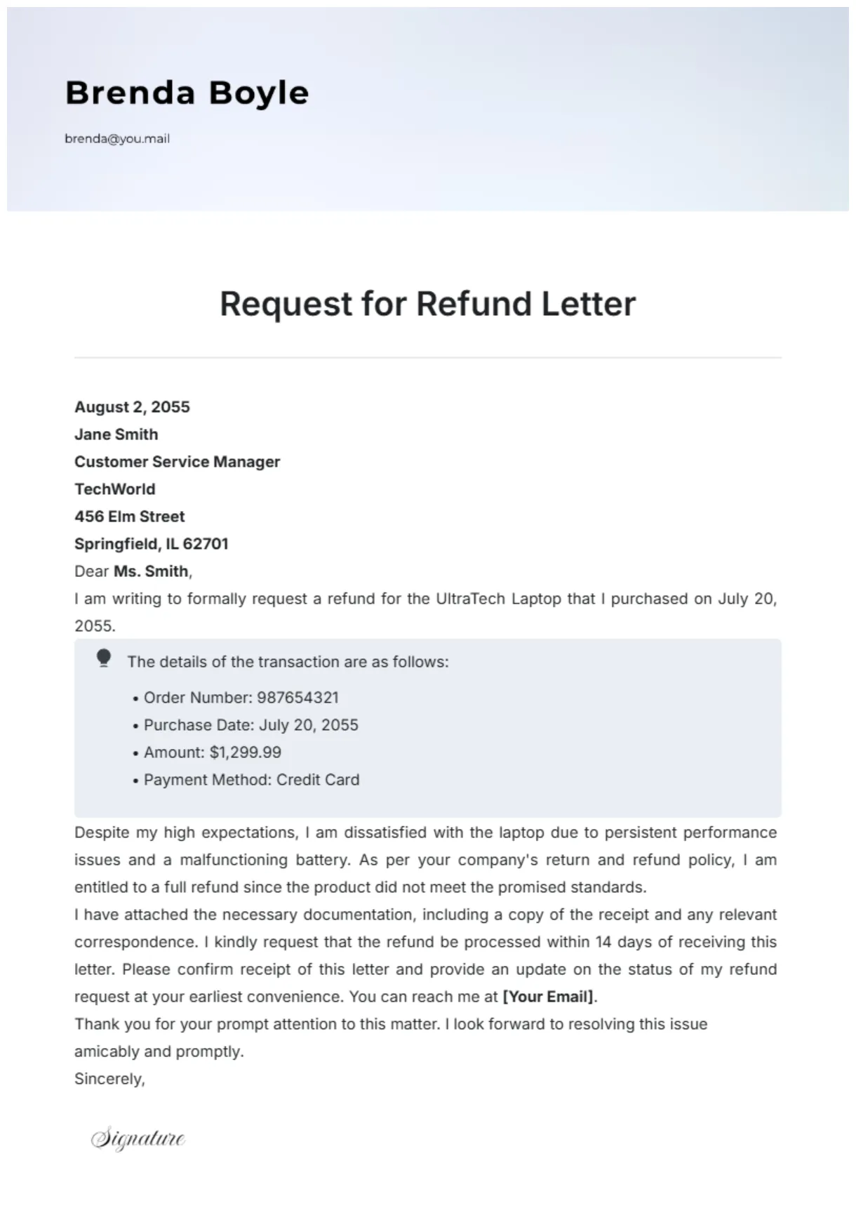 Free request for refund letter template to edit online