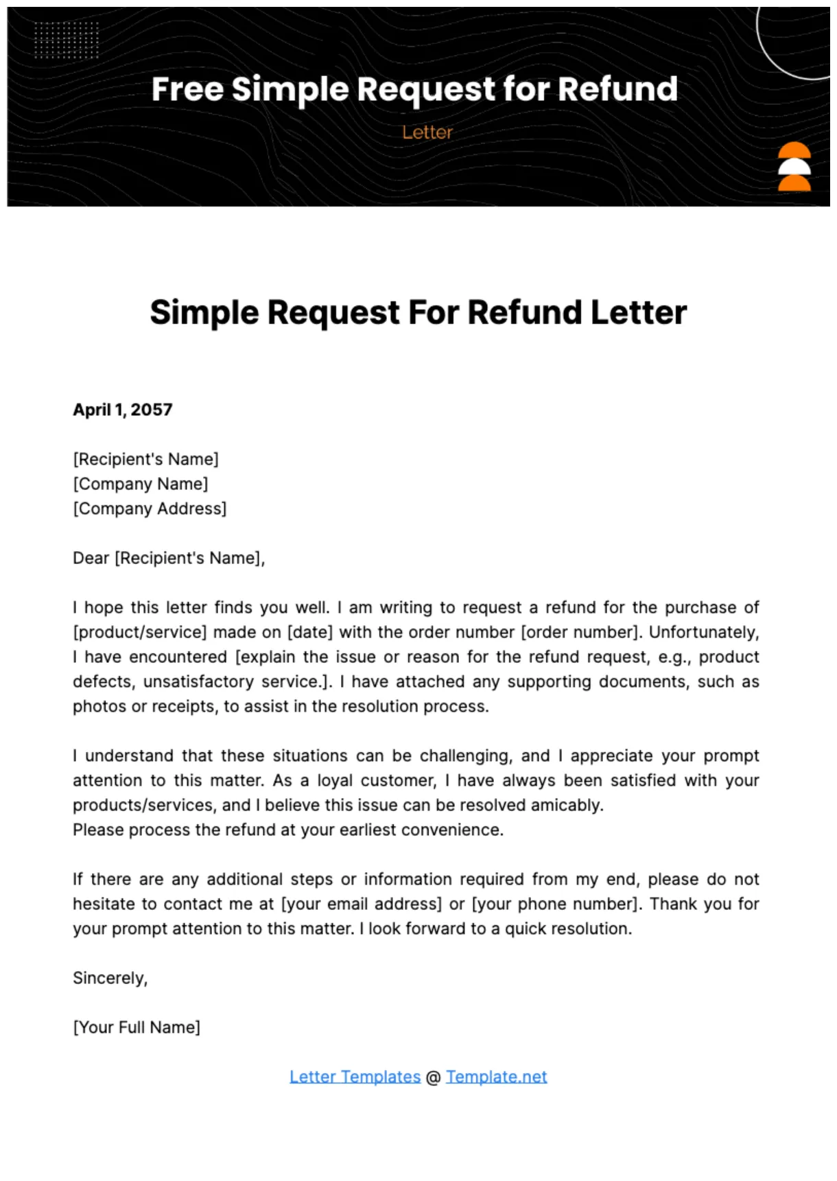 Free Simple Request for Refund Letter Template to Edit Online