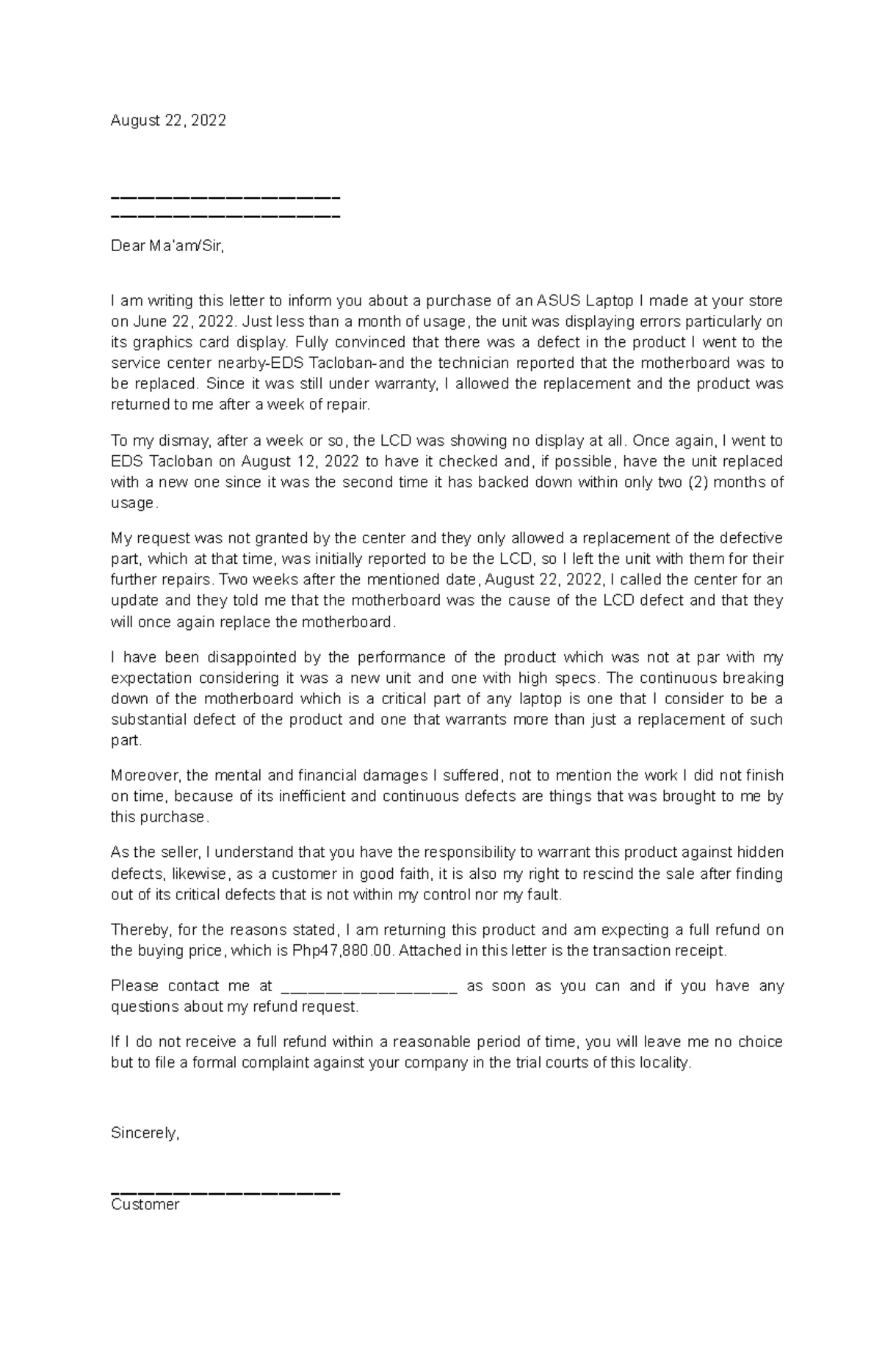 Refund-demand-letter august 22, 2022