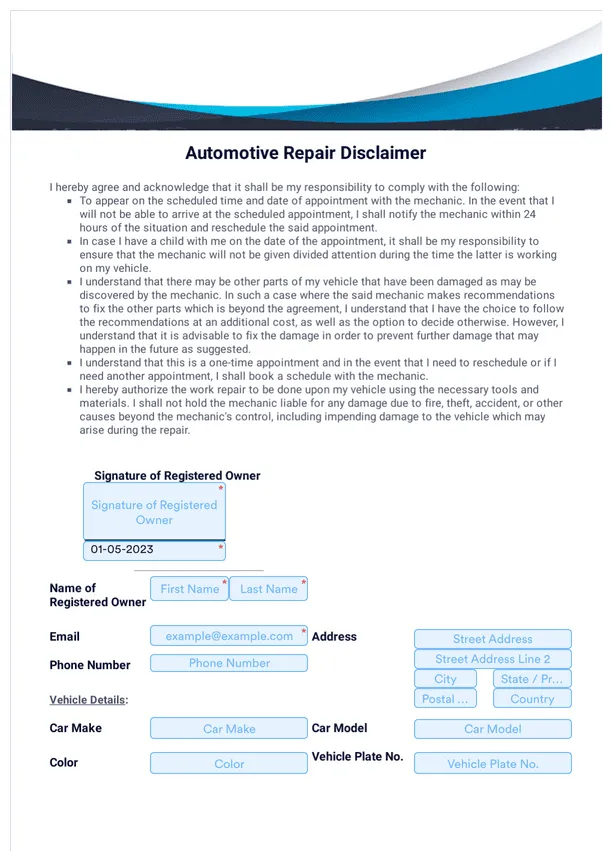 Auto repair disclaimer template
