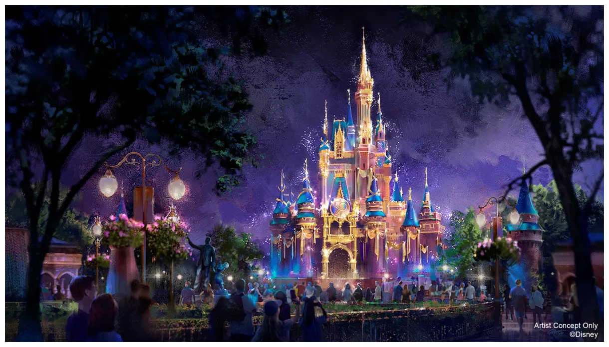 S! 50th anniversary decor already on cinderella castle in disney