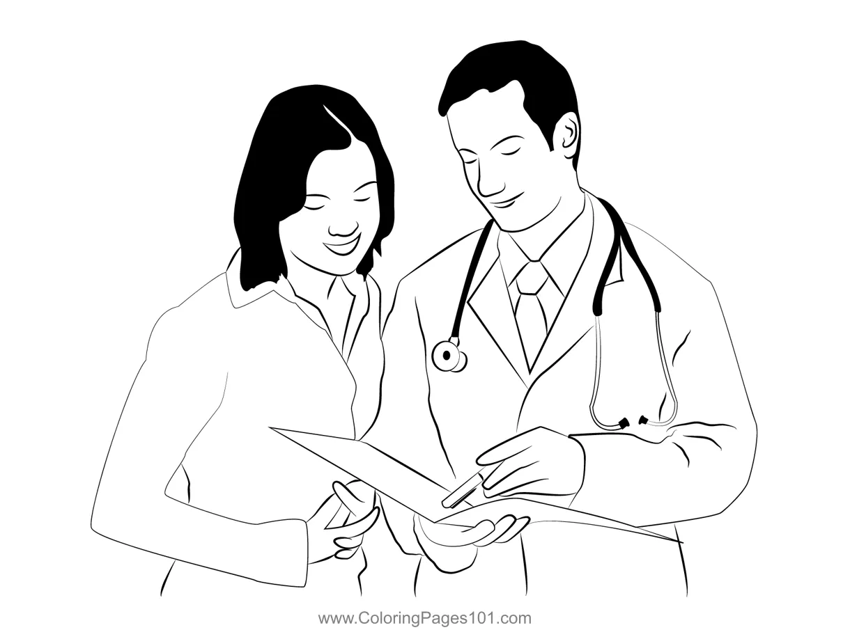 Doctor Checking Medical Report Coloring Page for Kids - Free Doctors