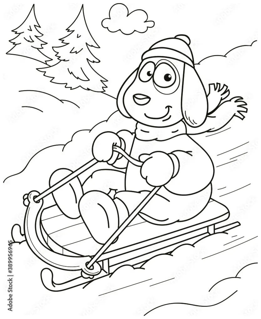 Coloring page outline of cartoon smiling cute dog sledding. colorful