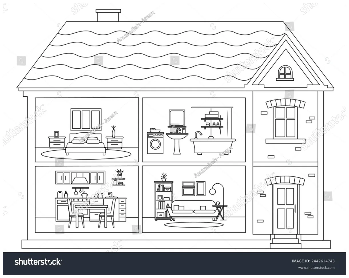 Doll house coloring book page doodle stock illustration 2442614743
