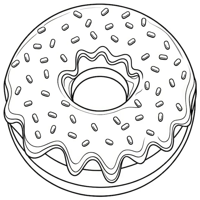 Coloring page featuring a donut with frosting and sprinkles for