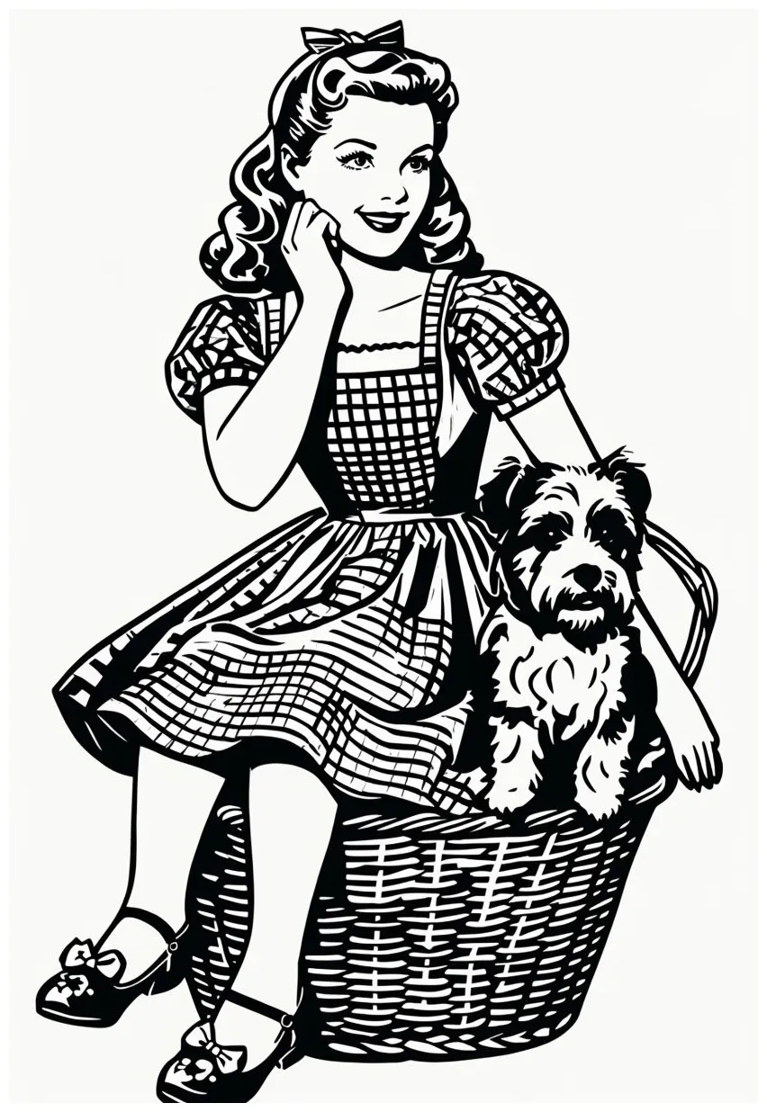 Vintage dorothy and toto in basket coloring book page playground