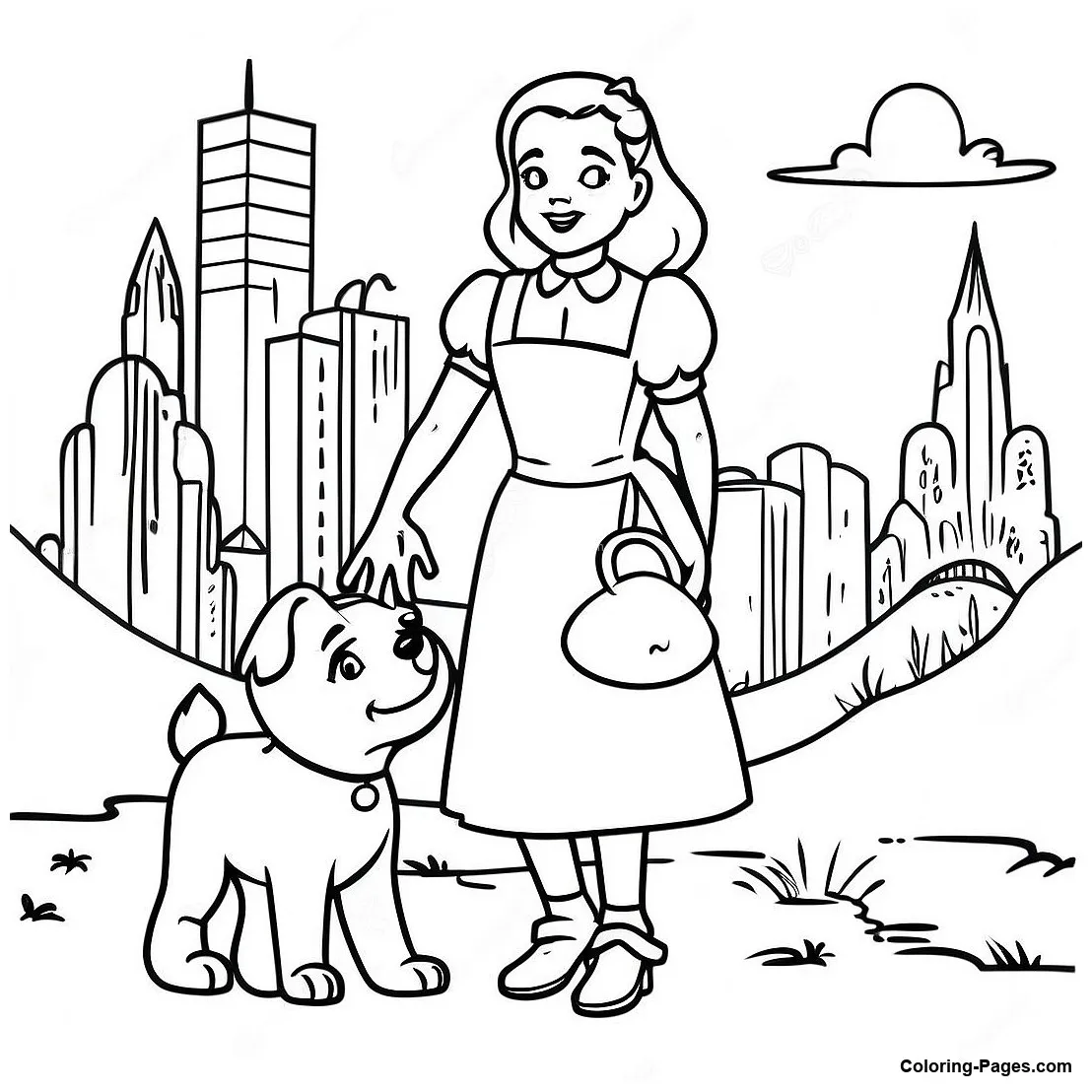 Dorothy and toto in emerald city coloring page coloring-pages