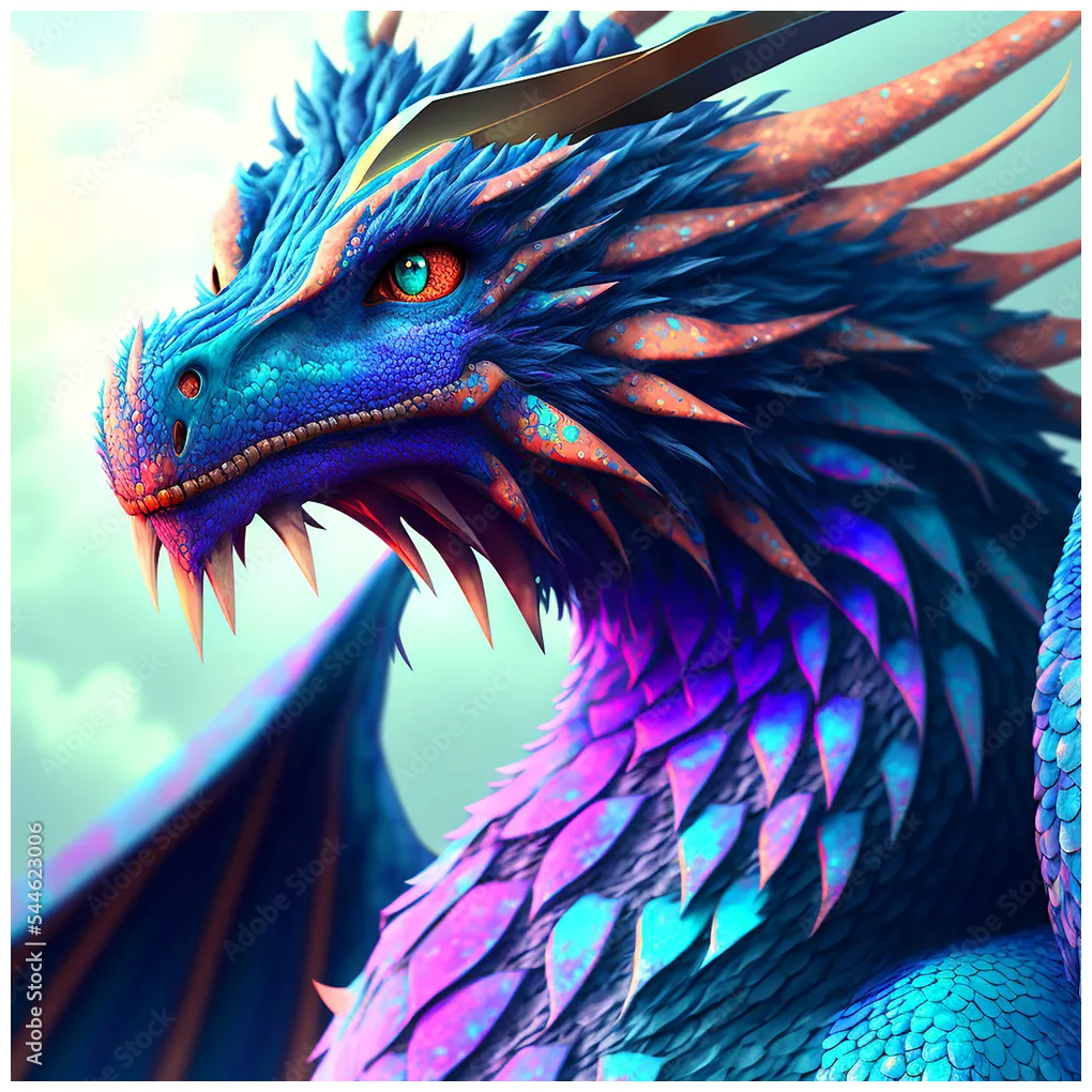 Close up dragon face, realistic digital art, rainbow dragon, fantasy printable coloring page