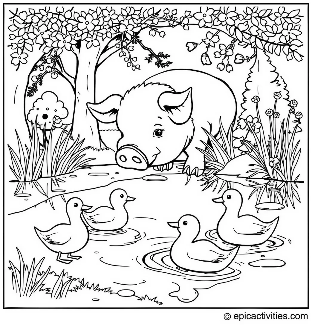 Coloring page of a cute pig feeding ducks at a peaceful pond