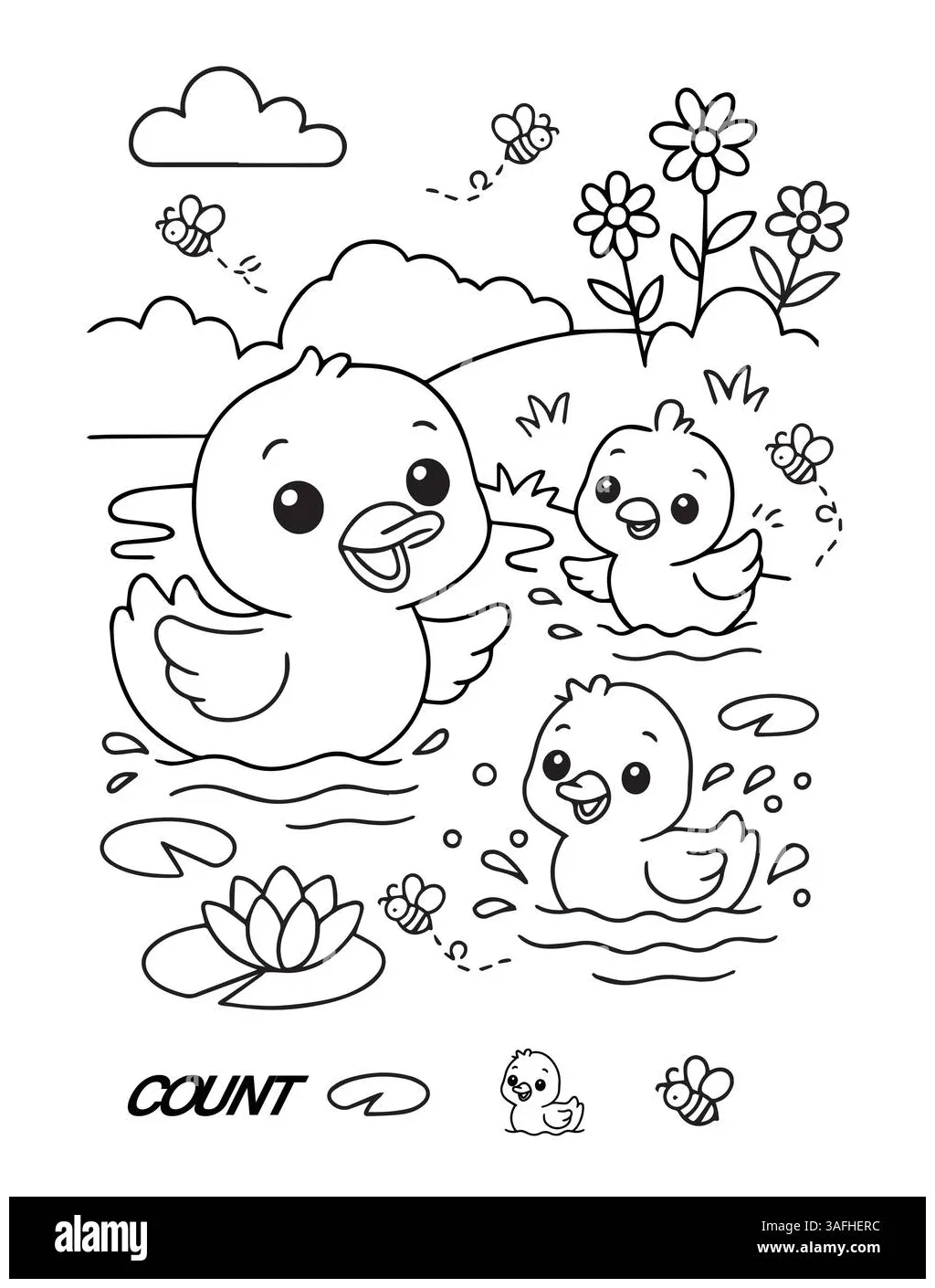 Cute ducks in a pond coloring page printable worksheet for preschool
