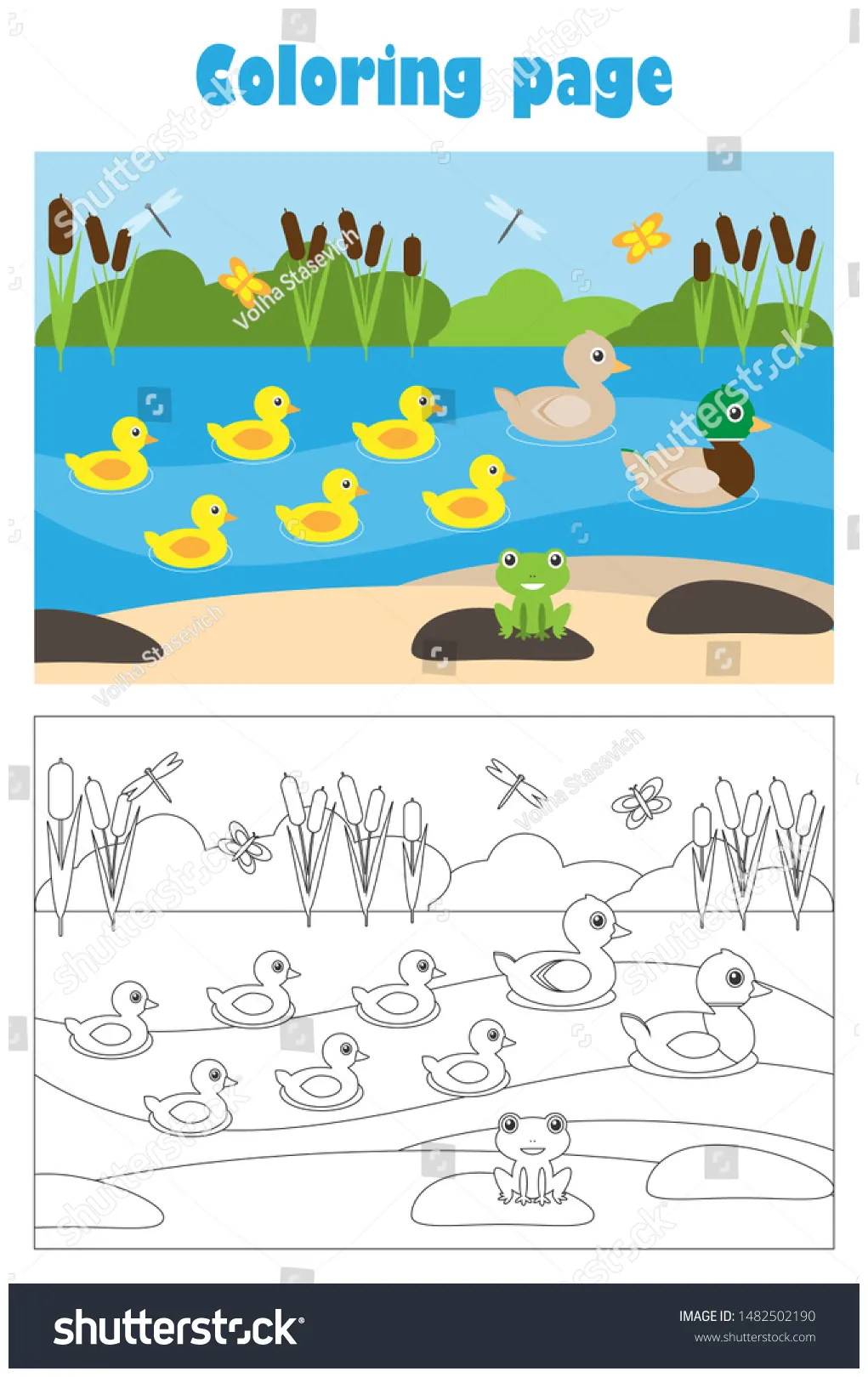 Pond ducks cartoon style coloring page stock vector