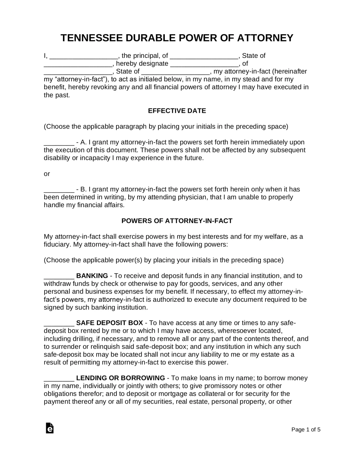 Free tennessee durable financial power of attorney form pdf word