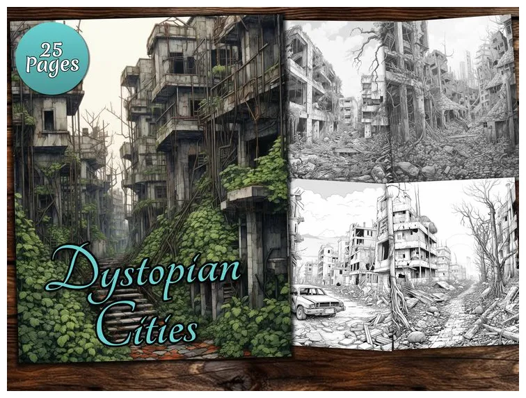 Dystopian buildings coloring page book, fantasy coloring book, adult printable coloring page