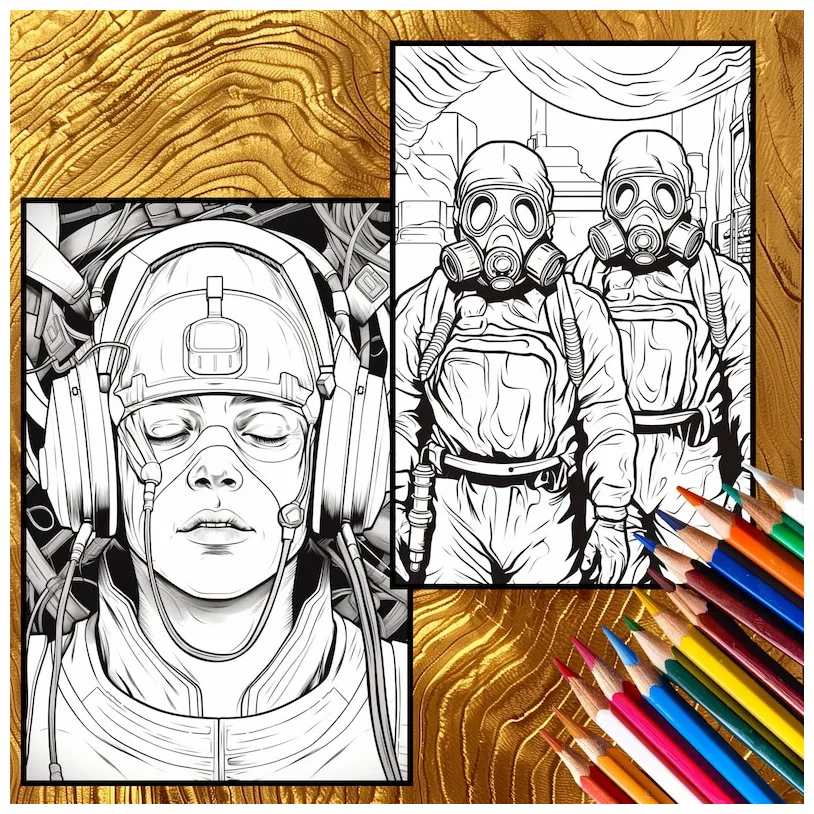 Dystopian coloring book 59 dark designs, digital printable pdf, sci