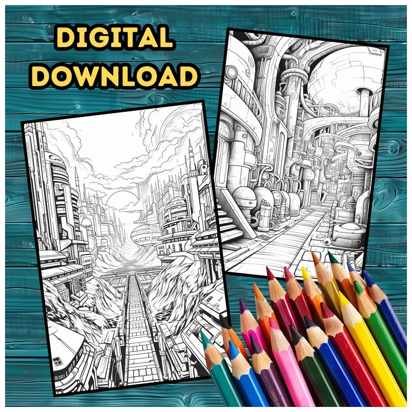 Dystopian coloring book 59 dark designs, digital printable pdf, sci