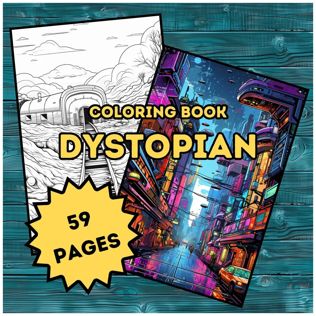 Dystopian coloring book 59 dark designs, digital printable pdf, sci