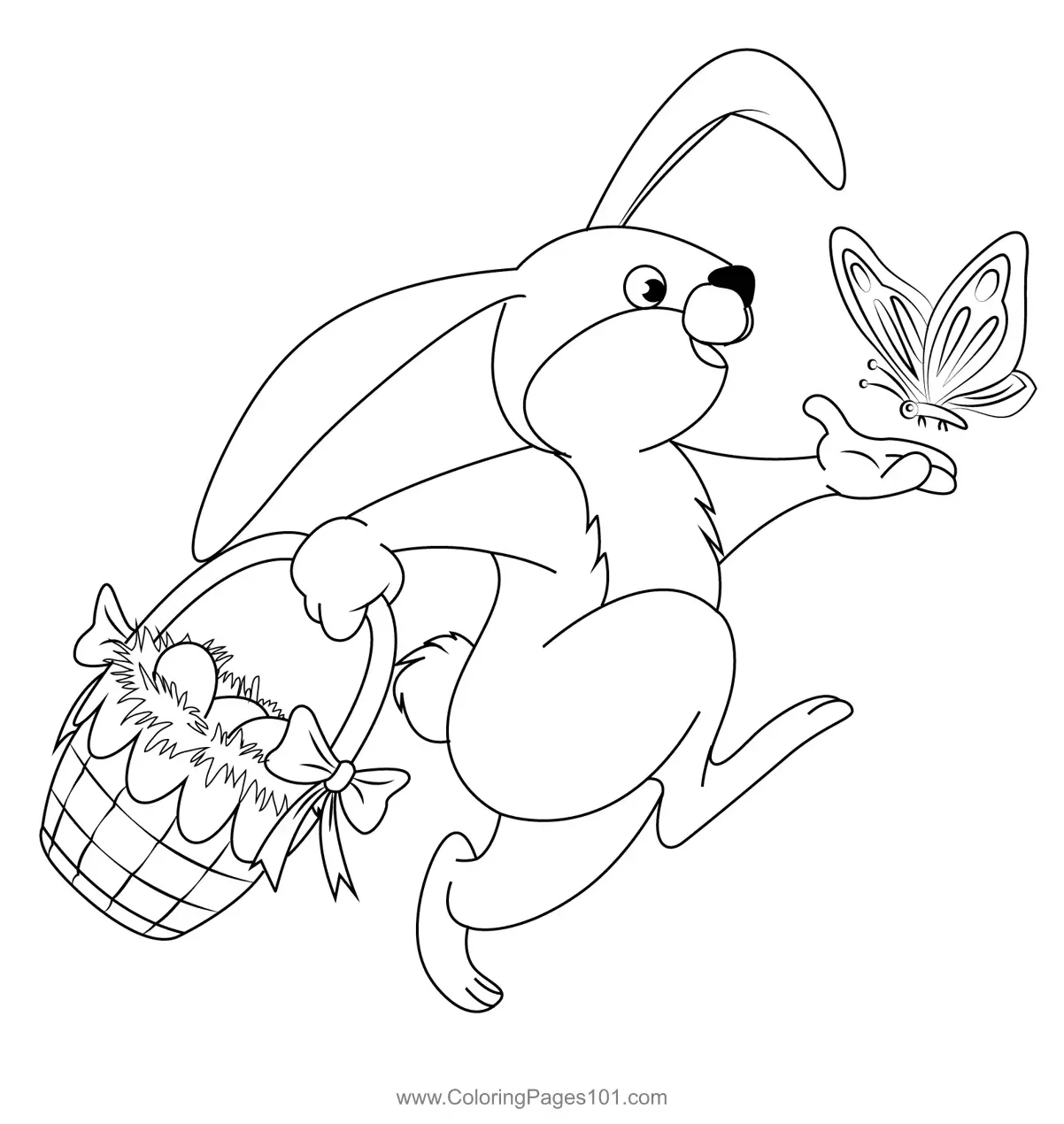 Bunny with easter basket and butterfly coloring page for kids free