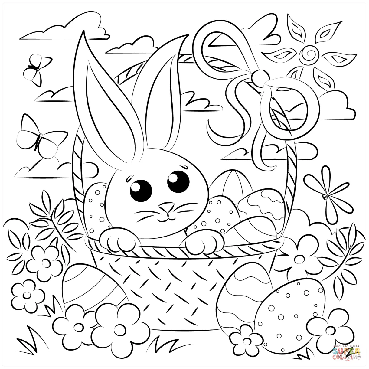 Easter bunny in basket coloring page coloring pages