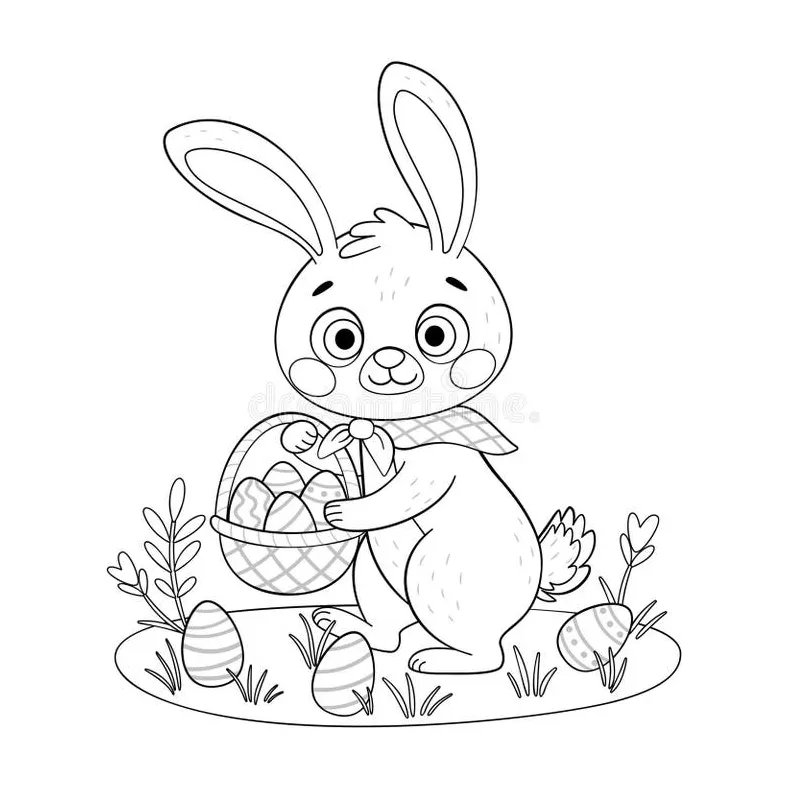 Cute easter bunny with a basket coloring page. hand drawn line art printable coloring page