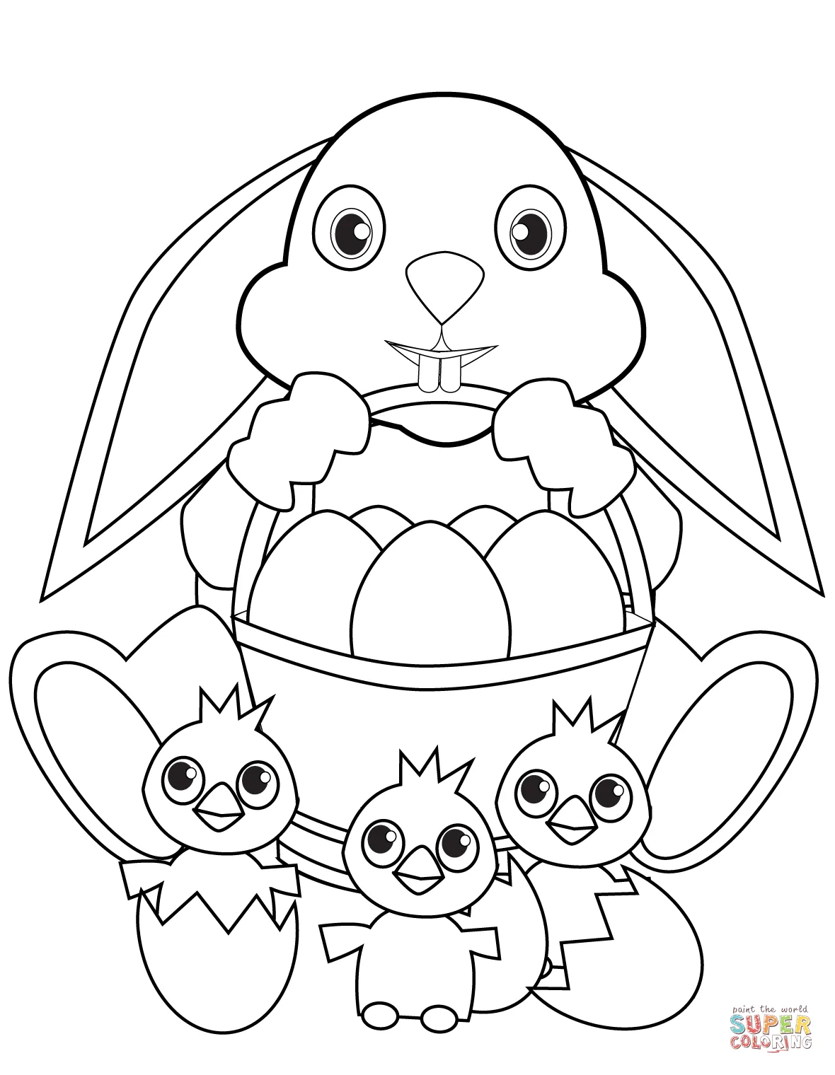 Easter bunny with basket and chicks coloring page free printable