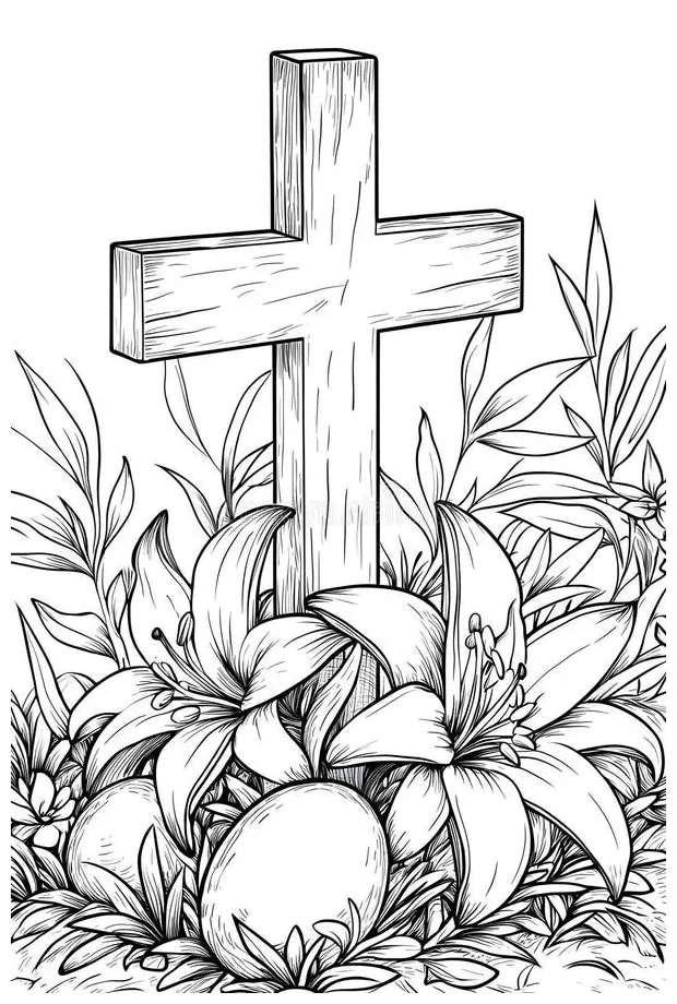 Easter coloring page with a cross, lilies, and eggs for creative fun