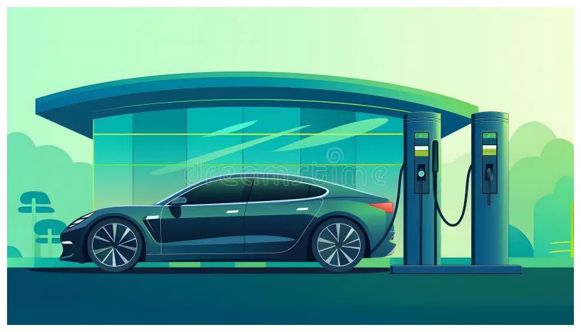 Illustration of an electric or hybrid car charging stock illustration