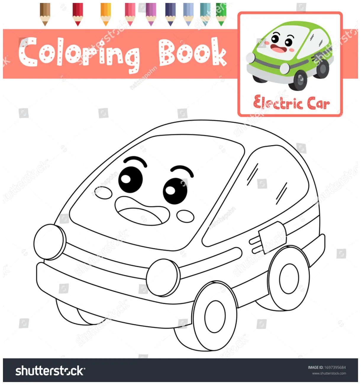 Coloring page cute electric car cartoon stock vector