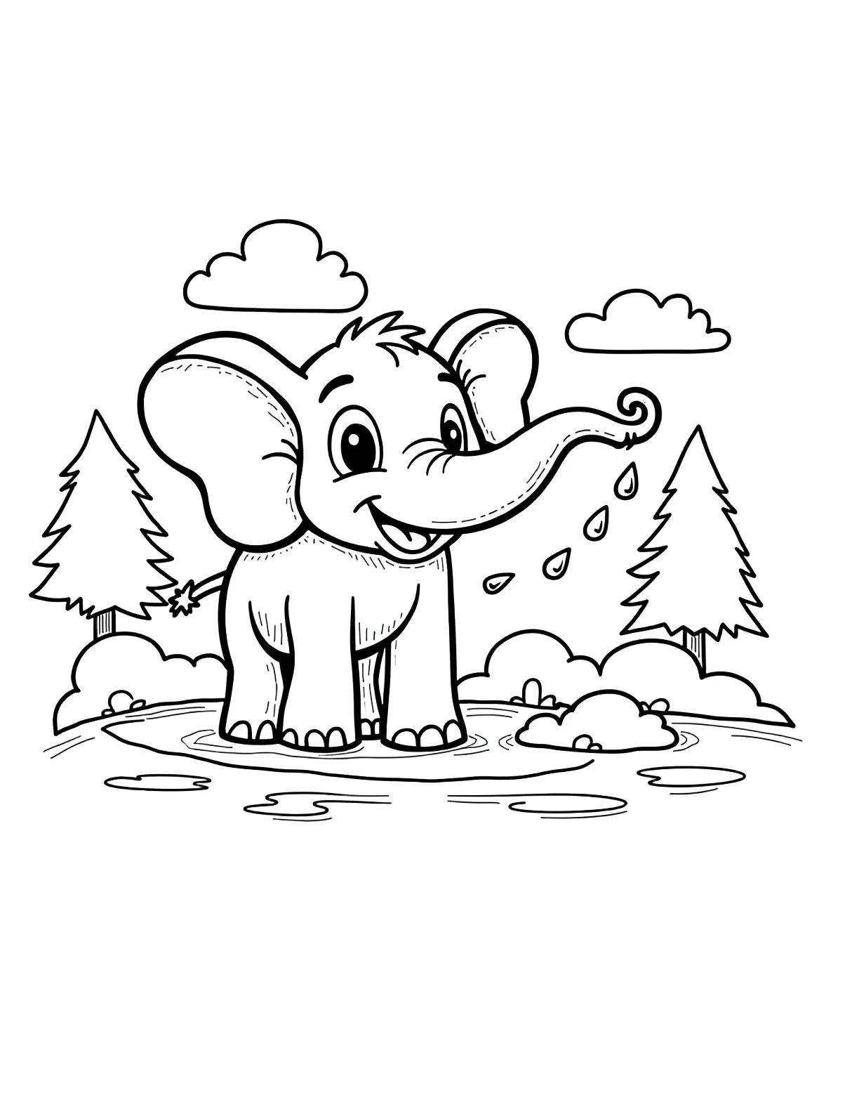 Coloring page of "a happy elephant spraying water with its trunk