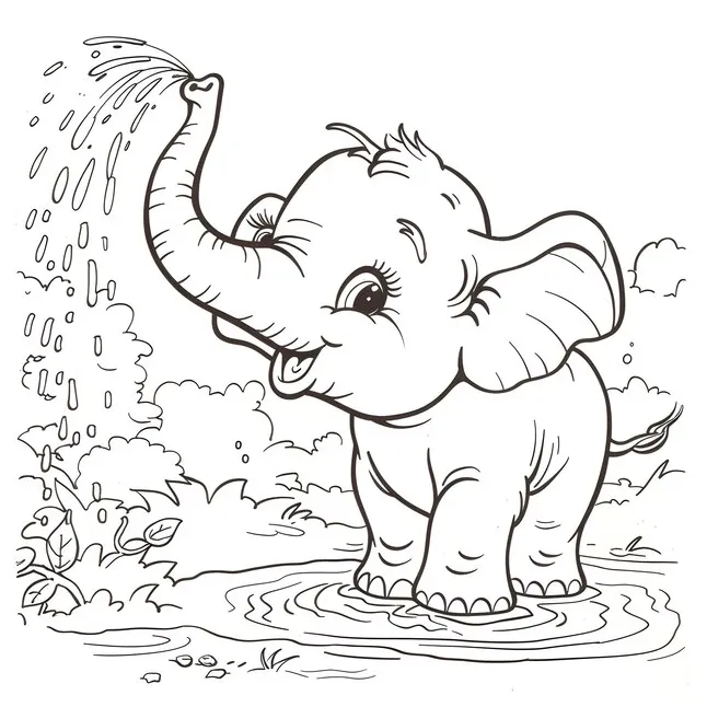 Friendly elephant spraying water from trunk on coloring page premium