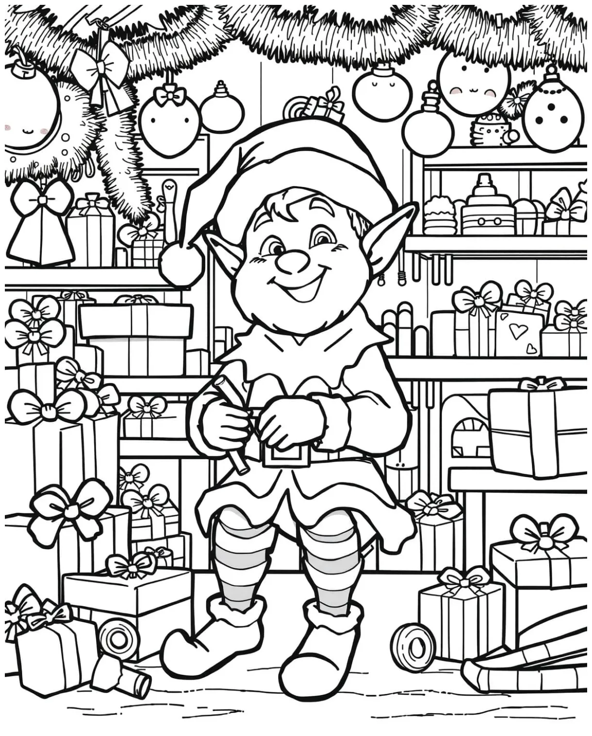 Christmas elf in santa’s workshop coloring page free printable