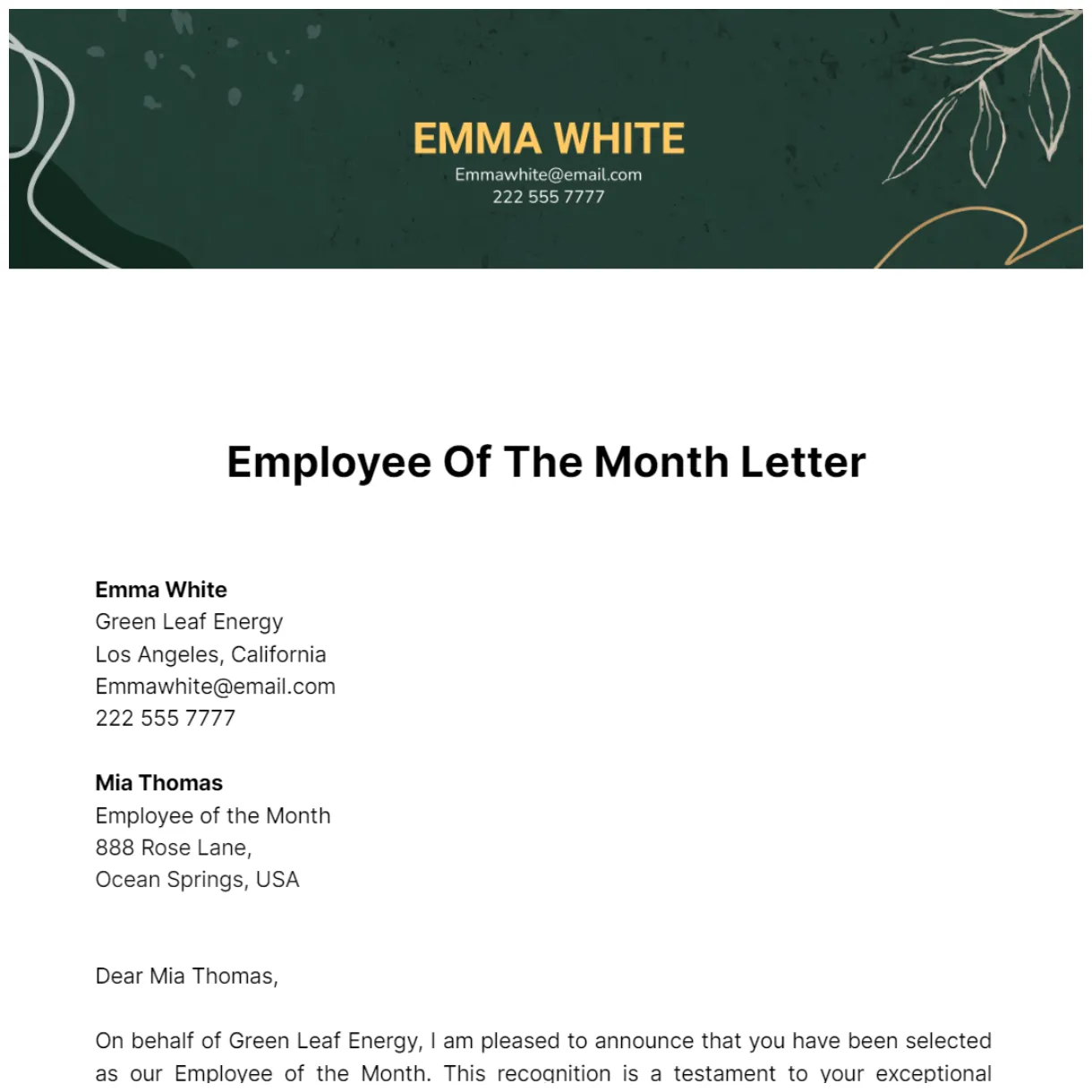Free Employee of the Month Letter Template to Edit Online
