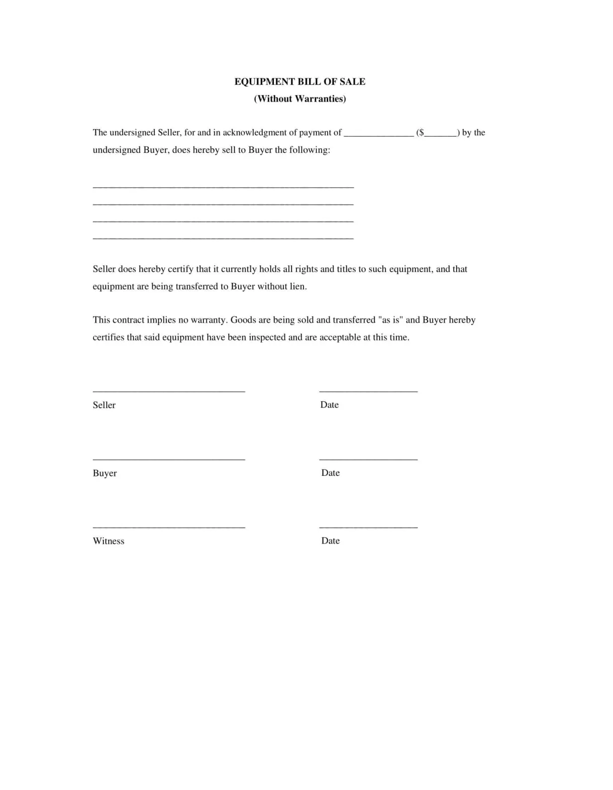 Bill of sale equipment template