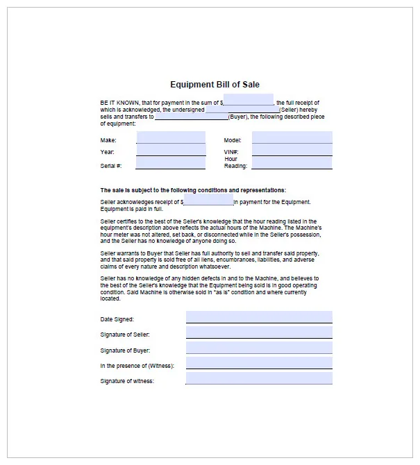 New bill of sale form heavy equipment form
