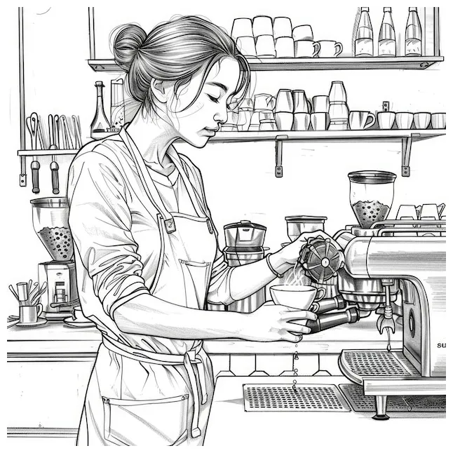 Coloring page a barista making coffee with an espresso machine