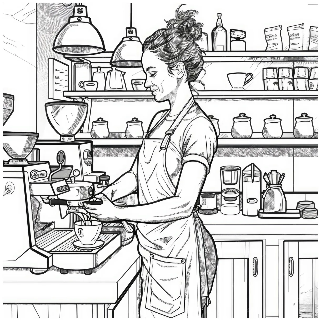 Coloring page barista making coffee with espresso machine premium ai