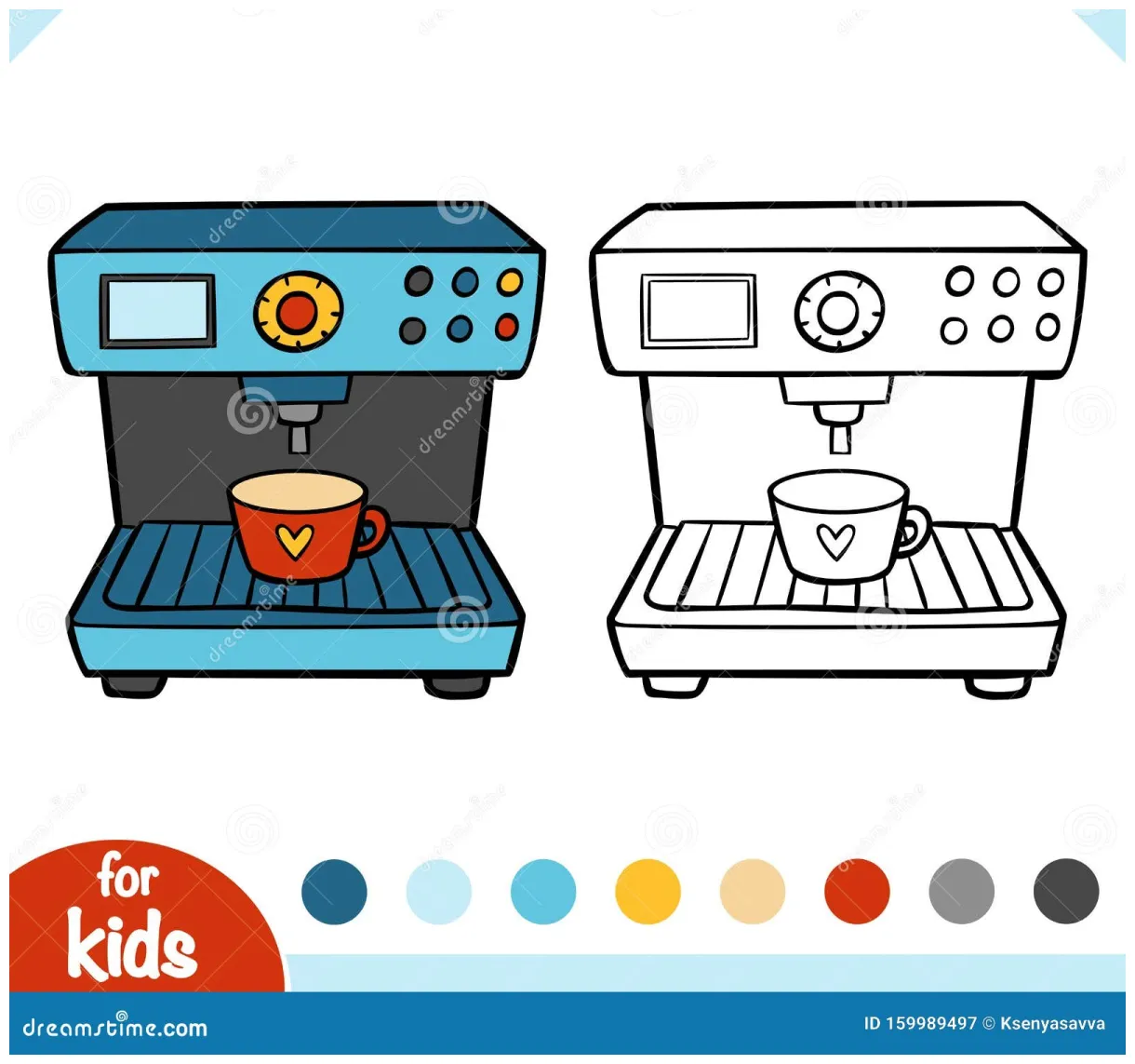 Coloring book. espresso coffee machine. black and white cartoon kitchen