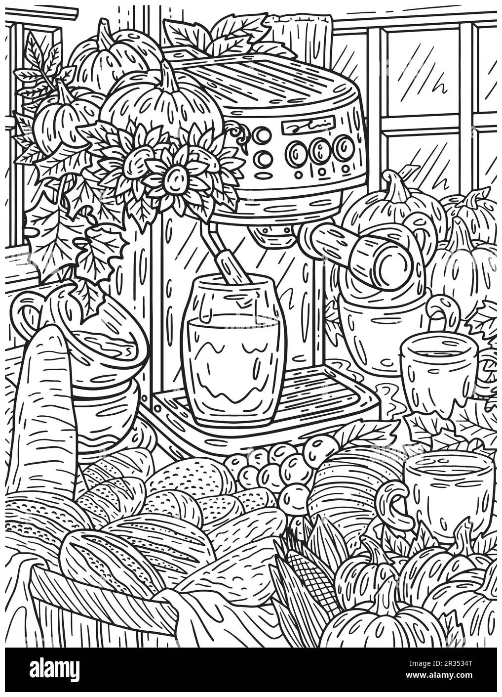 Thanksgiving espresso machine adults coloring page stock vector