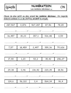 Les nombres decimaux cm1 exercice cm1, mathématique cm1, les nombres